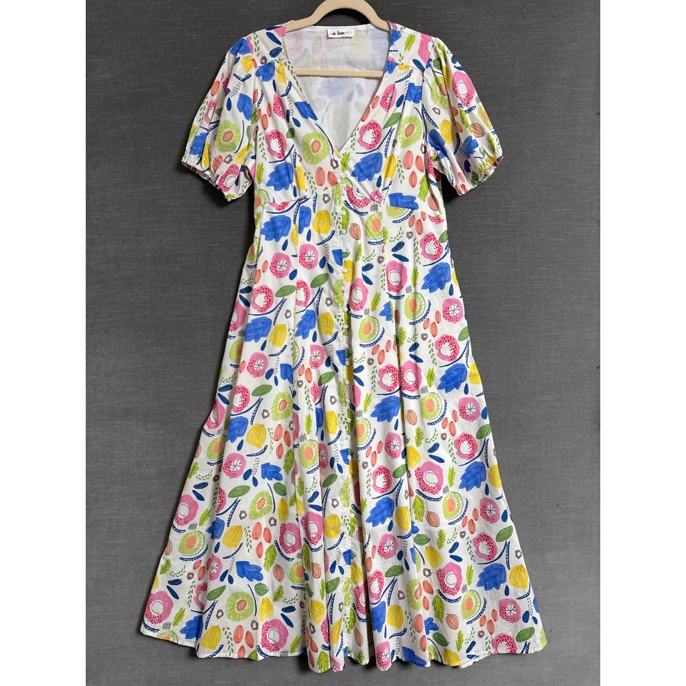 In Loom Dress L White Blue Pink Colorful Cotton Fruit Floral Midi Summer V Neck